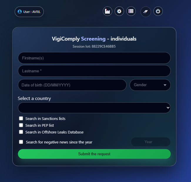 VigiComply Screening interface